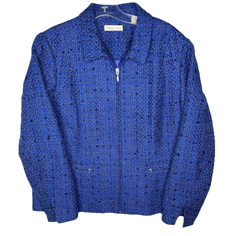 Coldwater Creek Blue Tweed Full Zip Jacket Petite 14 Career Color Pop